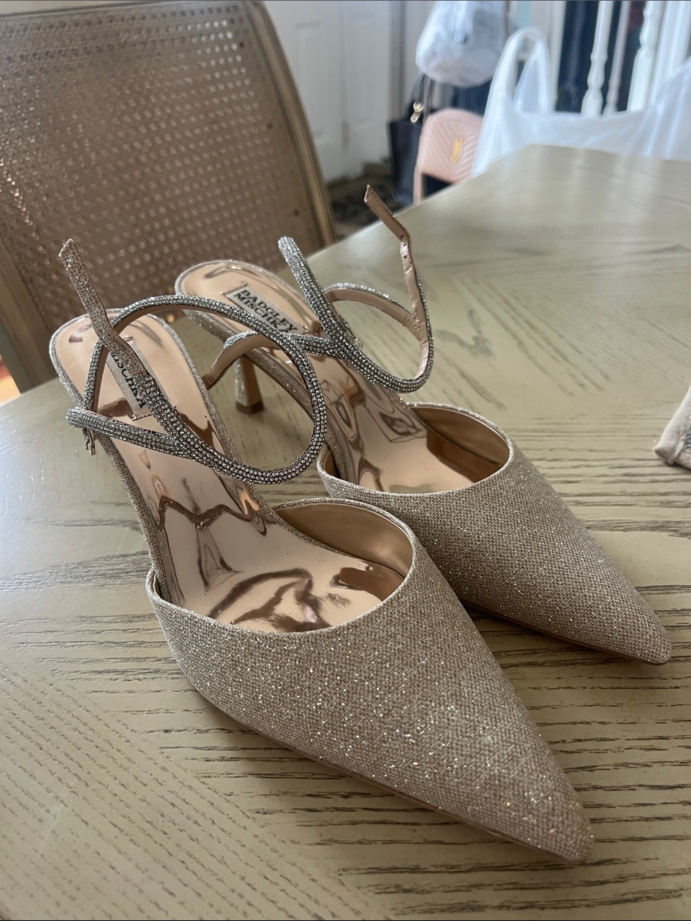 Badgley Mischka Silver Glitter Pointed Heels with Rhinestone Ankle Straps